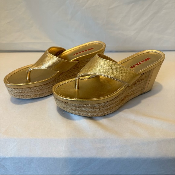 PRADA Gold Metallic Leather Espadrille Wedges - Picture 1 of 12